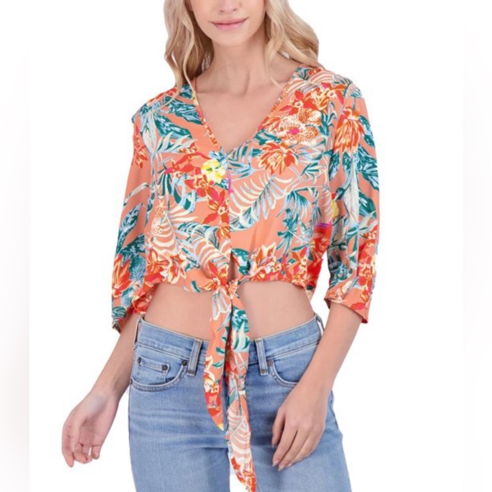 BCBG MAXAZRIA Pink & Blue Tropical Tie-Hem 3/4 Sleeve Floral Crop Top L